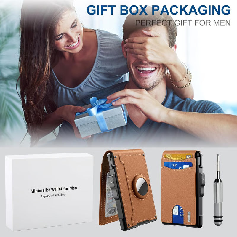 AirTag Wallet – Handmade Leather, Carbon Fiber Texture, Aluminum Pop-Up, RFID Secure Card Holder