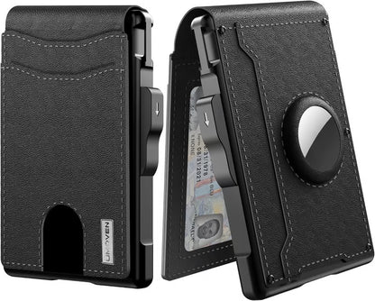 AirTag Wallet – Handmade Leather, Carbon Fiber Texture, Aluminum Pop-Up, RFID Secure Card Holder
