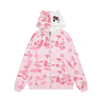 Hellokitty Camouflage Hoodies Fall Jacket Oversized Sweatshirts Casual Drawstring Zip Up Y2K Hoodie with Pocket
