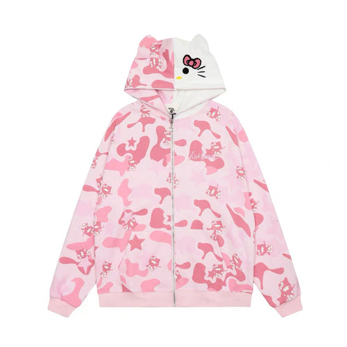 Hellokitty Camouflage Hoodies Fall Jacket Oversized Sweatshirts Casual Drawstring Zip Up Y2K Hoodie with Pocket