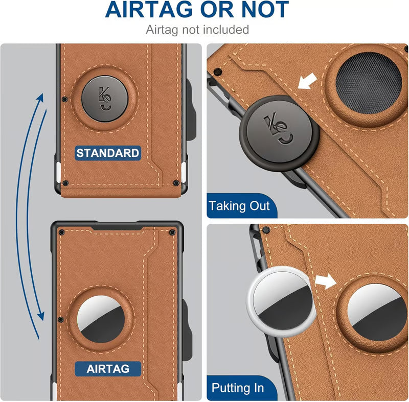 AirTag Wallet – Handmade Leather, Carbon Fiber Texture, Aluminum Pop-Up, RFID Secure Card Holder