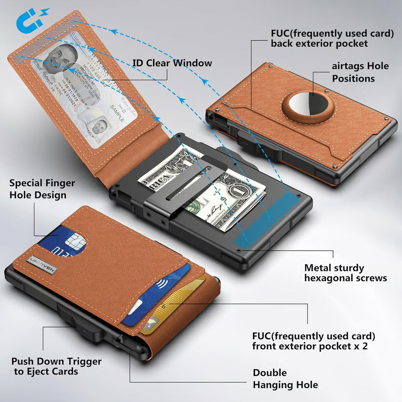 AirTag Wallet – Handmade Leather, Carbon Fiber Texture, Aluminum Pop-Up, RFID Secure Card Holder