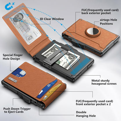 AirTag Wallet – Handmade Leather, Carbon Fiber Texture, Aluminum Pop-Up, RFID Secure Card Holder
